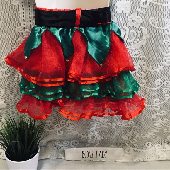 Girls Christmas Elf Tiered Tulle Skirt green and red - Picture 3 of 7